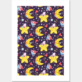 Cute Moon and Stars in Galaxy Pattern Artwork Posters and Art